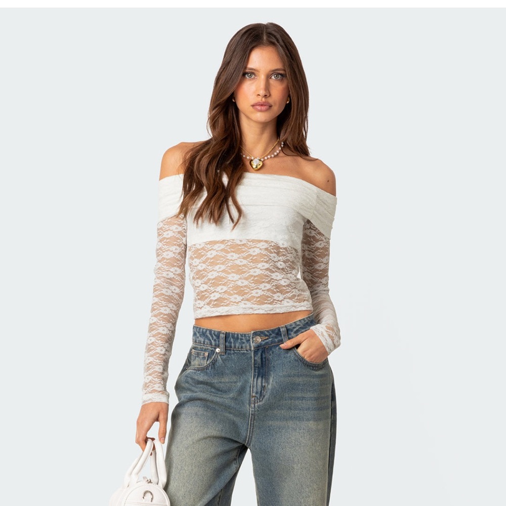 Edikted White Fold Over Sheer Lace Top
